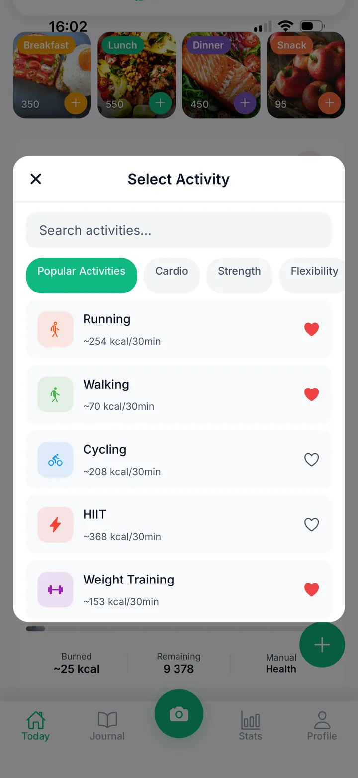 Kaloria – aktivitás kiválasztása: futás, séta, kerékpár, HIIT